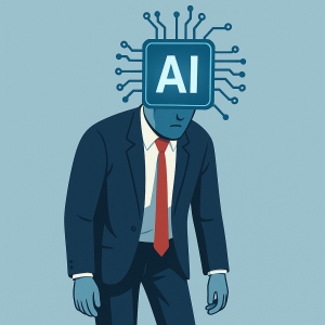 Illustrazione di un uomo con la testa a forma di microchip AI, simbolo dell’uomo che si lascia dominare dall’intelligenza artificiale